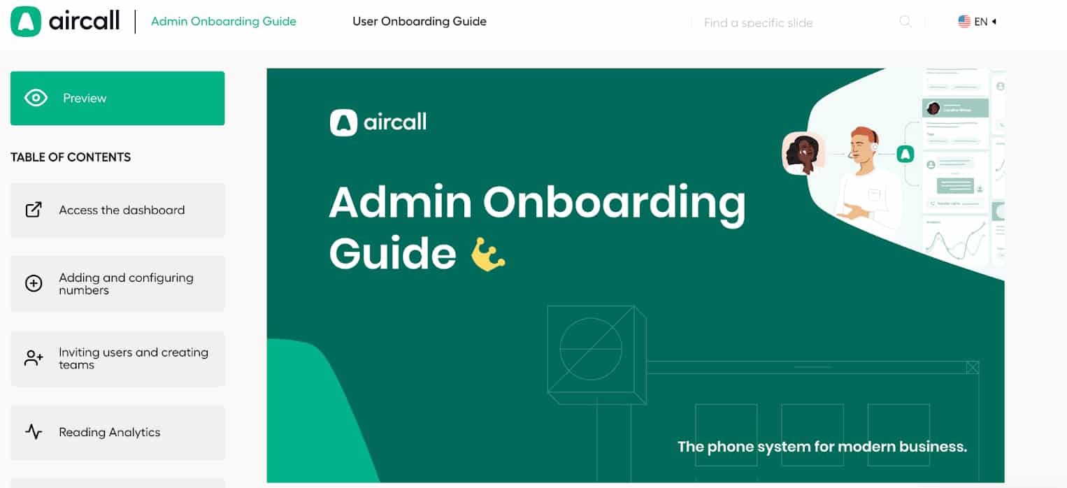 Aircall的管理登机指南页与目录。