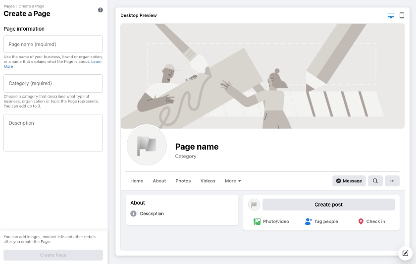 Facebook页面信息设置与桌面预览在右侧。