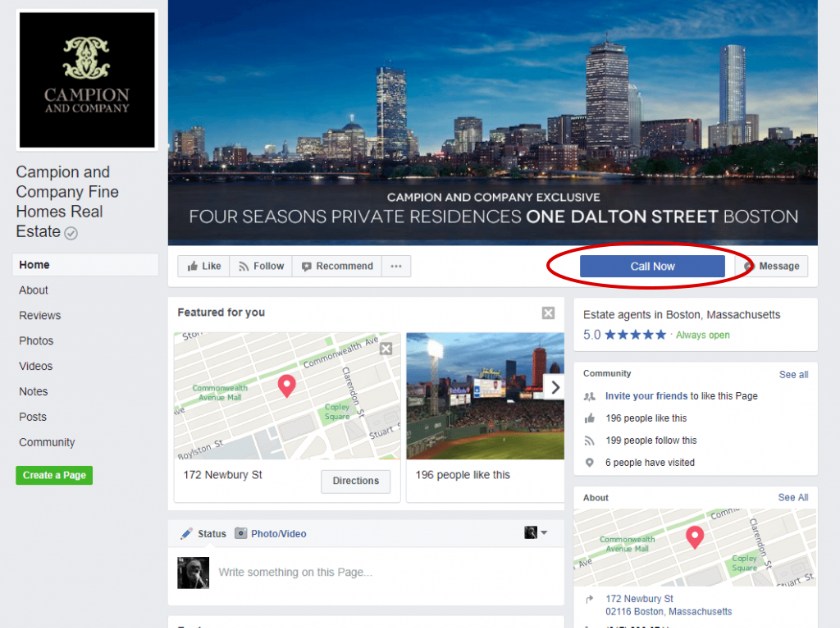 Facebook房地产页面上的“呼吁行动”按钮的例子。乐鱼体育app官方