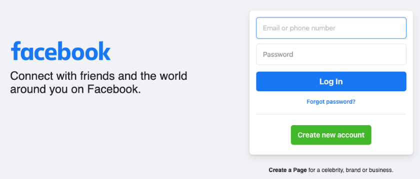 Facebook欢迎页面与登录表单和“创建新帐户”按钮。