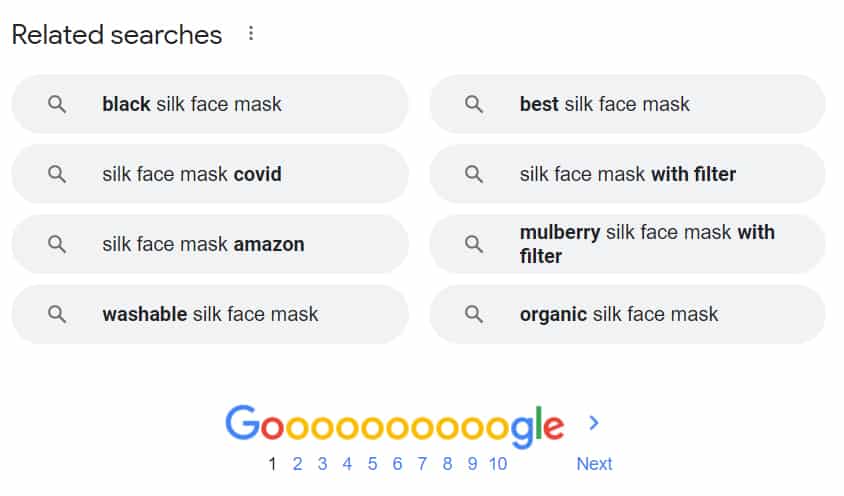 谷歌“真丝面膜”搜索结果及相关搜索关键词。