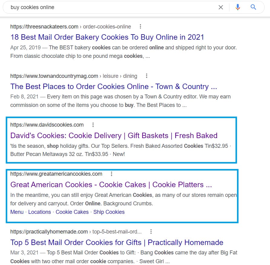 谷歌搜索“在线购买饼干”的结果。