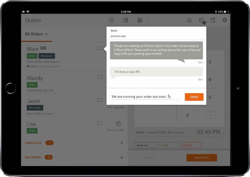 Guest Manager模块，Cake允许您接收客户短信，并直接从POS机发送响应，以管理路边取货。
