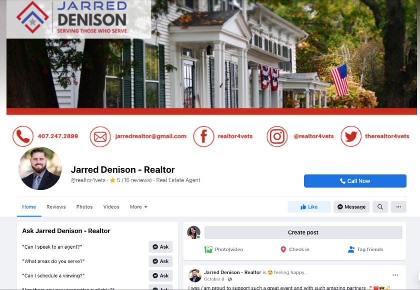 Facebook房乐鱼体育app官方地产业务页面的例子，Jarred Denison Realtor。
