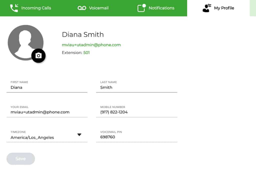 Phone.com正在创建戴安娜·史密斯的个人资料。