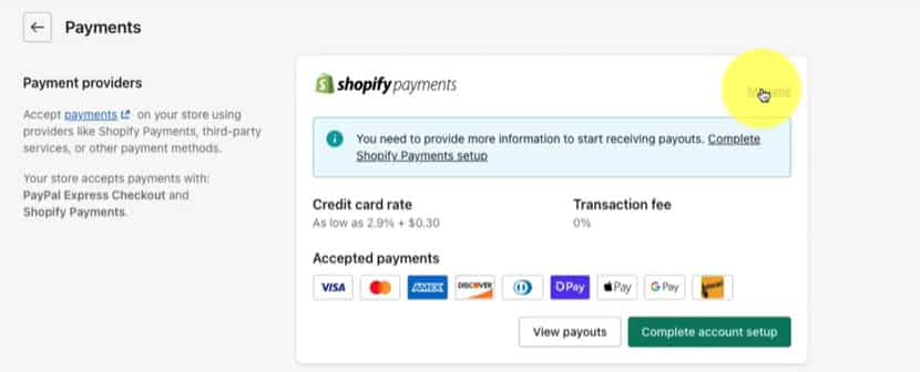 添加Apple Pay按钮的第一步，设置>支付，然后单击Shopify支付下的管理。
