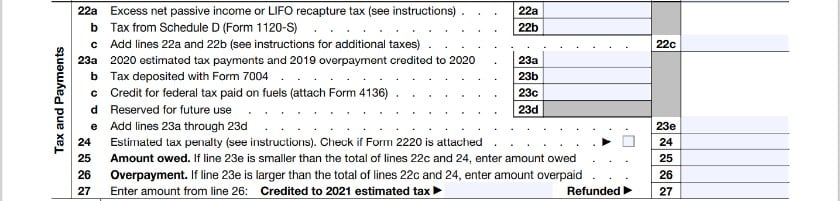 填写1120S税务及付款组。