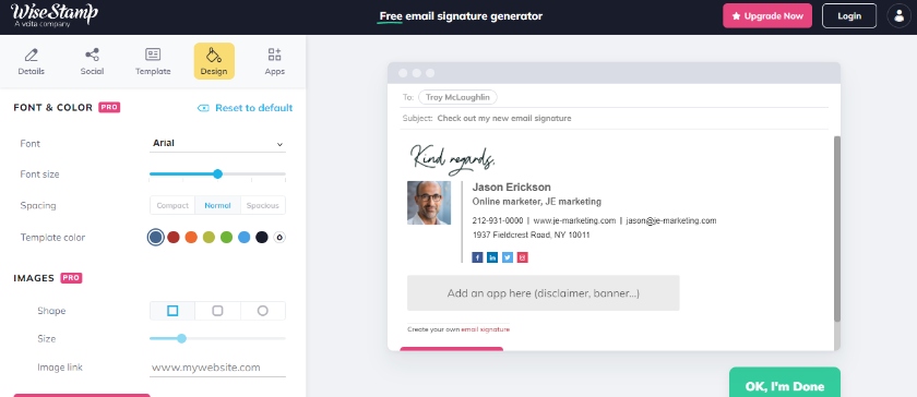 在WiseStamp中定制邮件签名模板的设计。