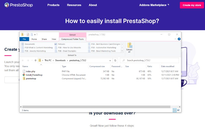 显示下载Prestashop时获得的三个文件。