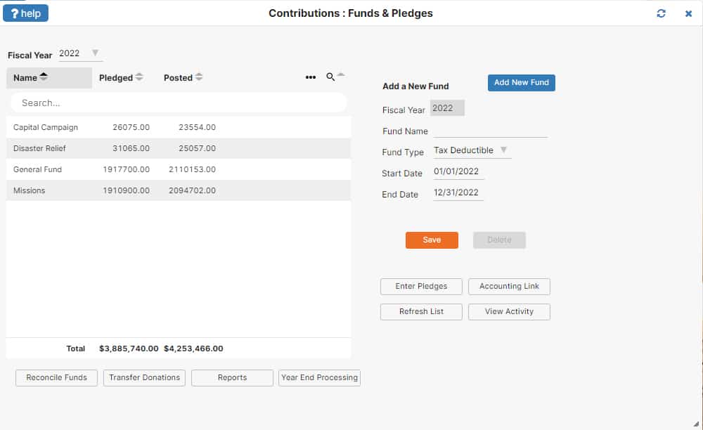 IconCMO的资金和认捐模块的示例图像。
