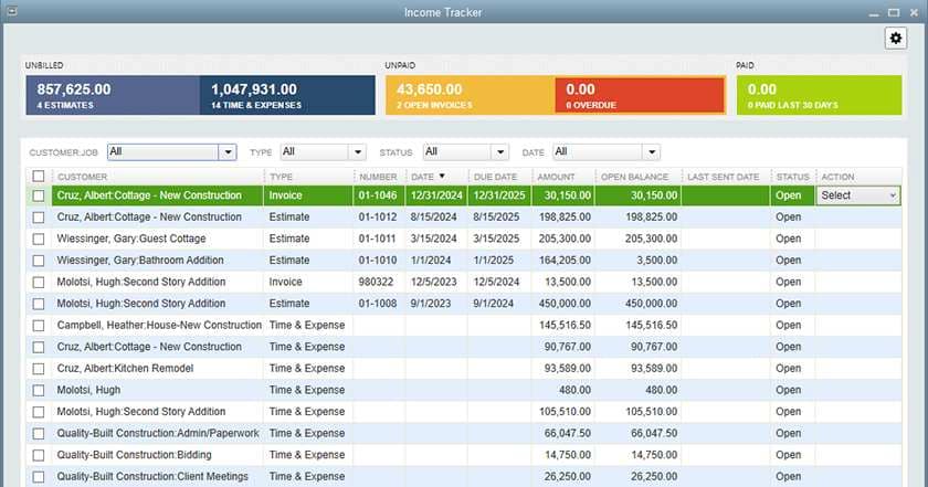QuickBooks Premier的收入追踪样本。
