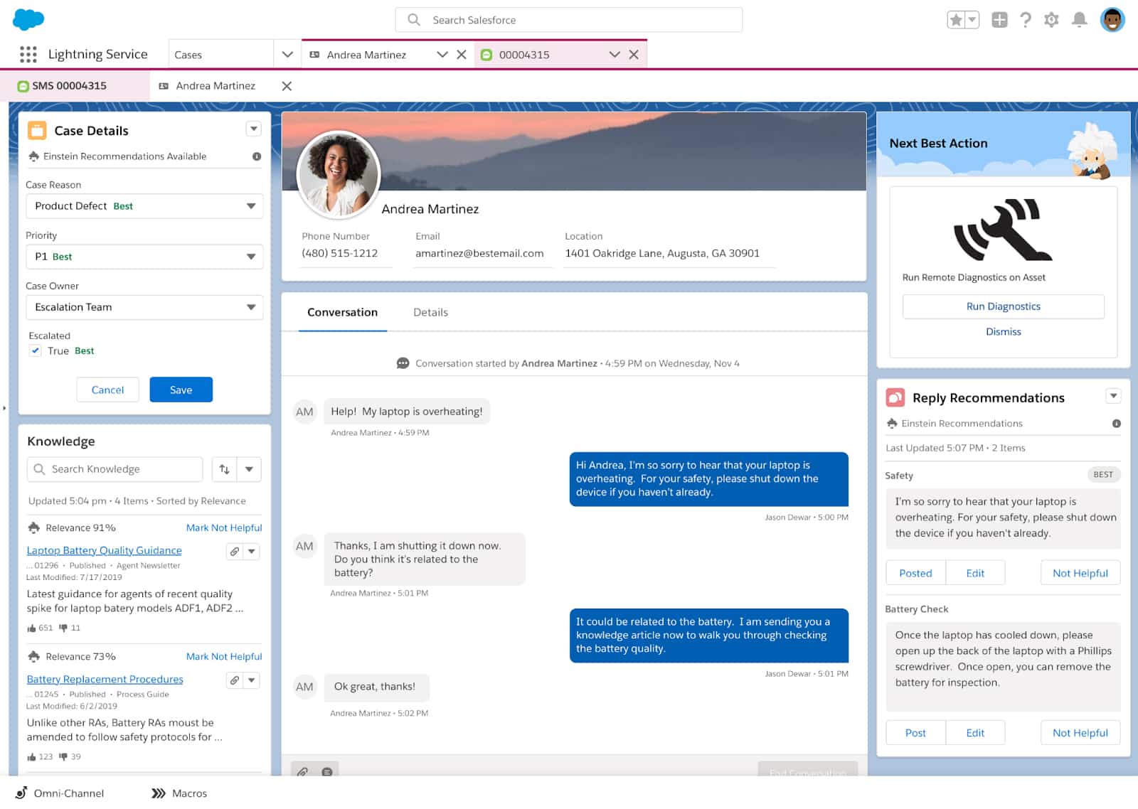 安德莉亚·马丁内斯简介与Salesforce上的对话样本。