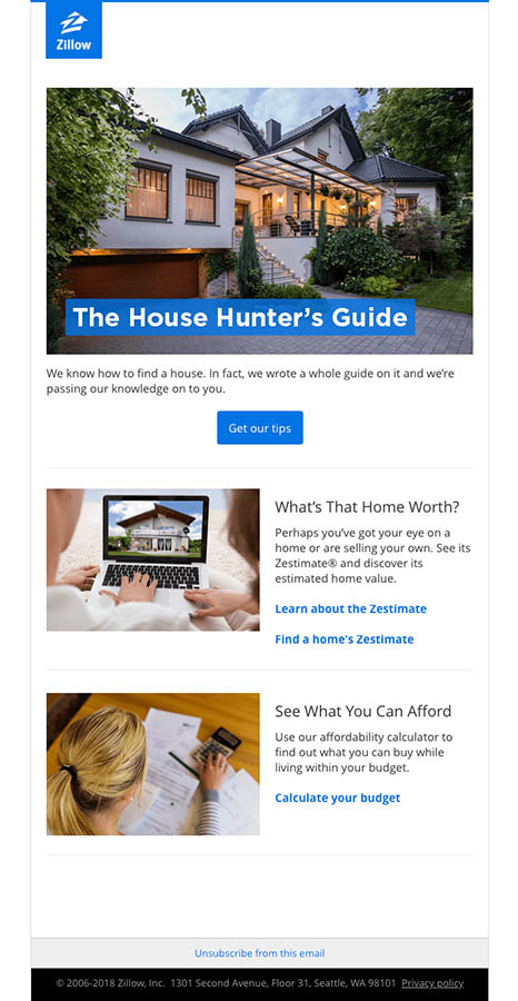 来自Zillow的电子邮件样本提供了多个行动呼吁
