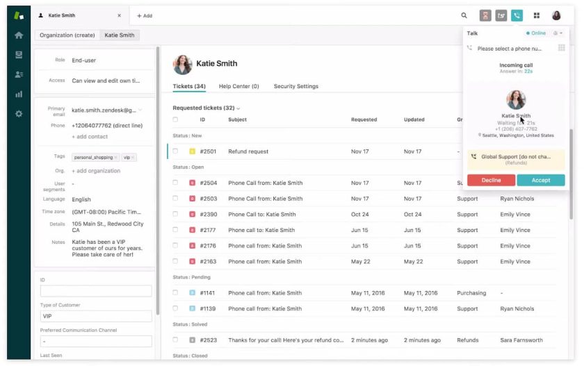 Zendesk Sample list of call tickets and customer information.
