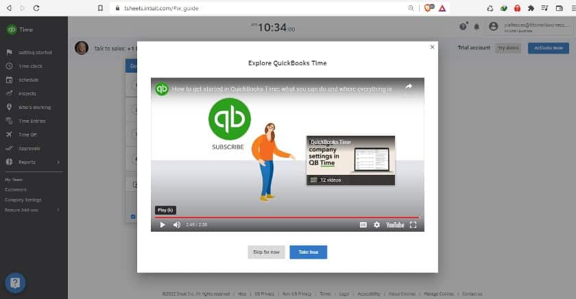 显示QuickBooks时间提供了一个快速浏览，以熟悉其功能的用户。