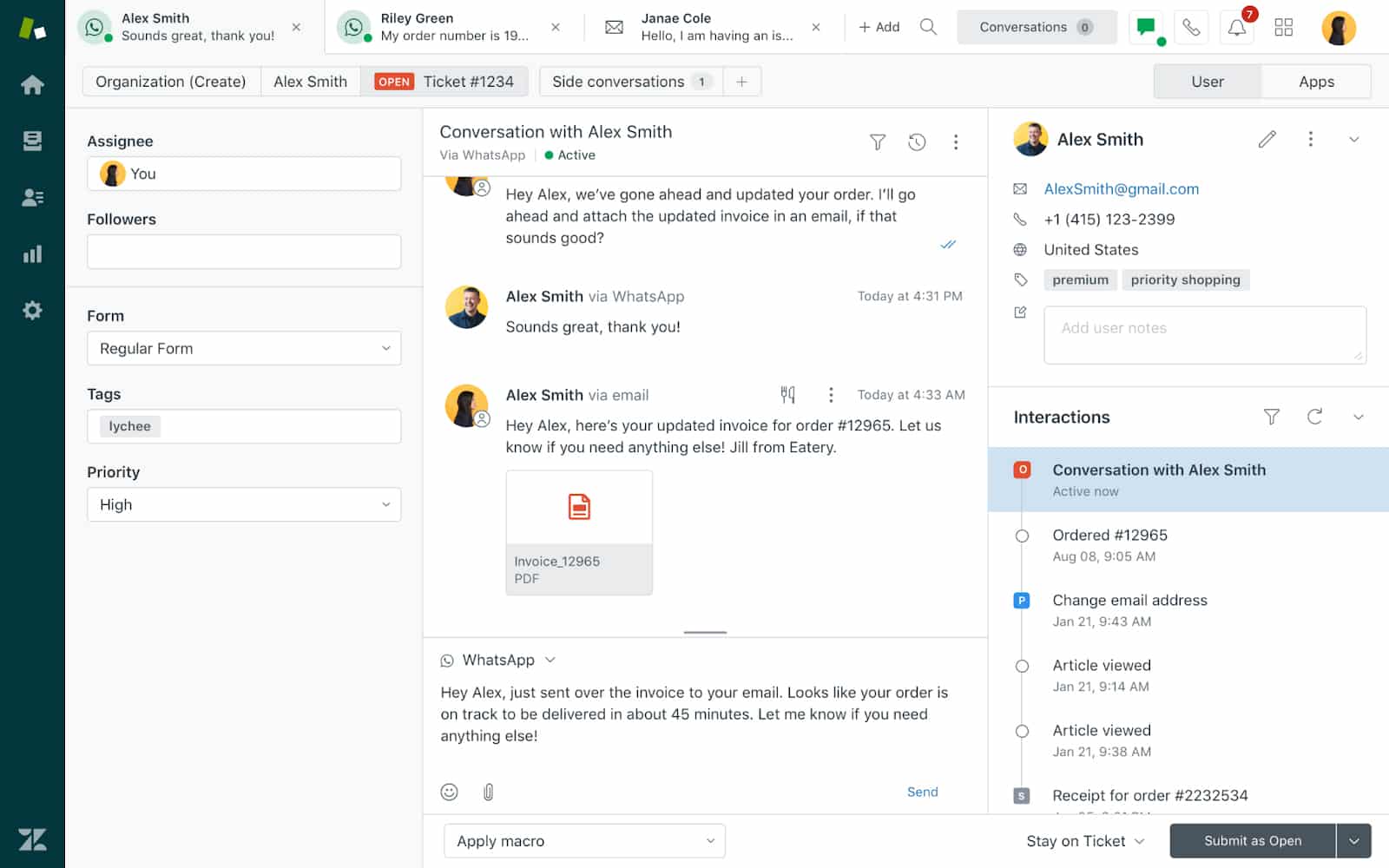 Zendesk的代理工作空间。
