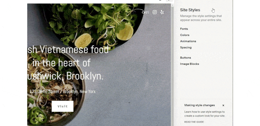 在Squarespace上创建餐厅网站时，可以改变颜色、字体和间距，并添加动画来创建视觉趣味。