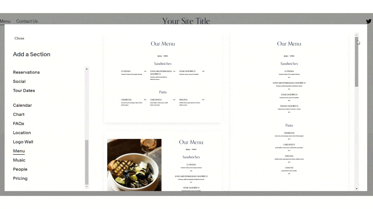 Squarespace为餐厅提供的预制菜单布局。