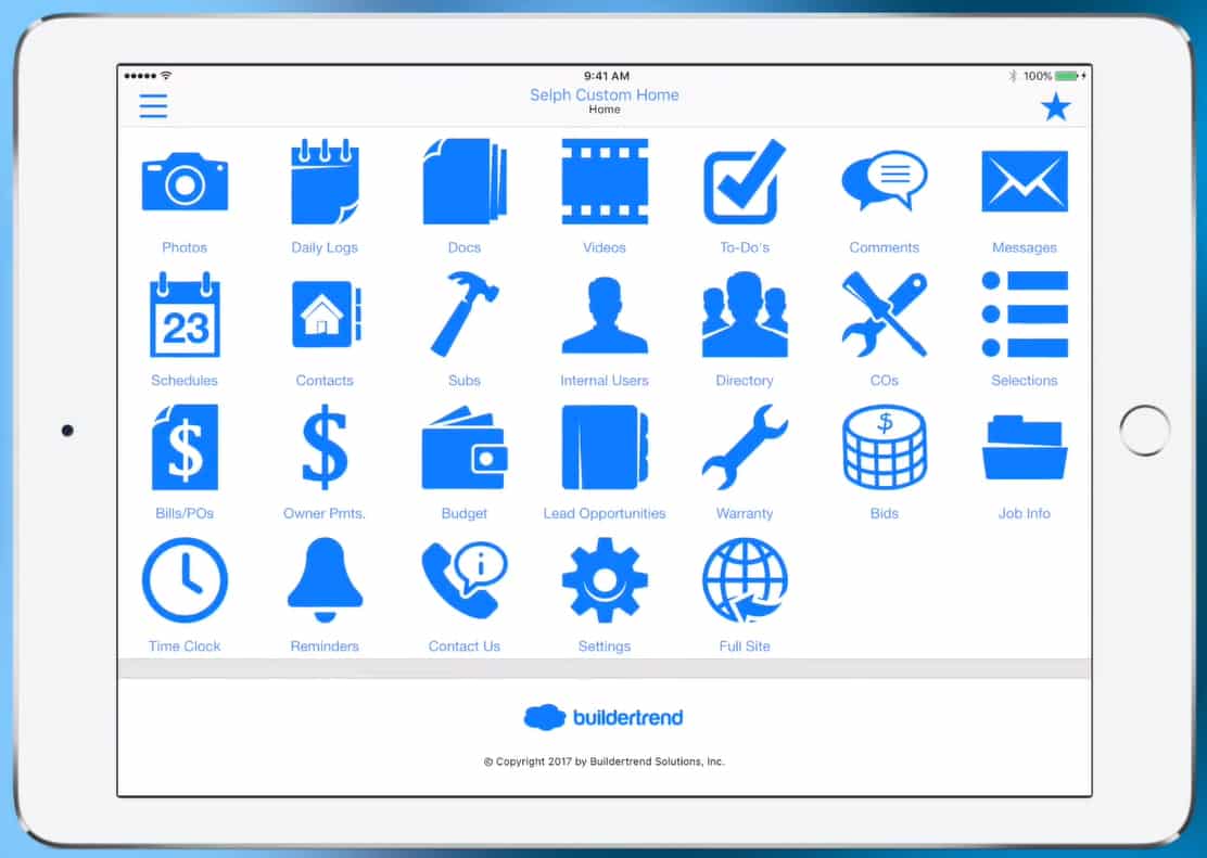 Buildertrend的应用程序仪表板的示例图像。