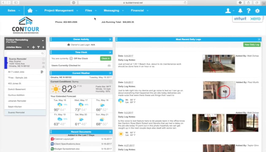 Buildertrend网站仪表板的示例图片。
