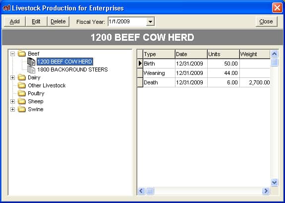 一个样本库存模块的牲畜生产在FarmBooks。
