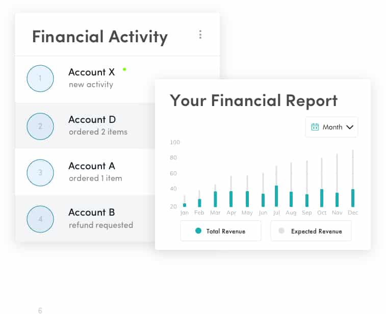 financiepal的示例指示板，可以在其中查看财务活动和报告。