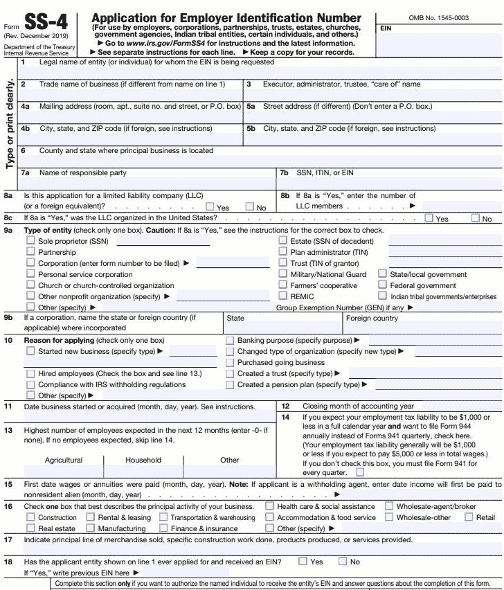 雇主识别号码（表单SS-4）