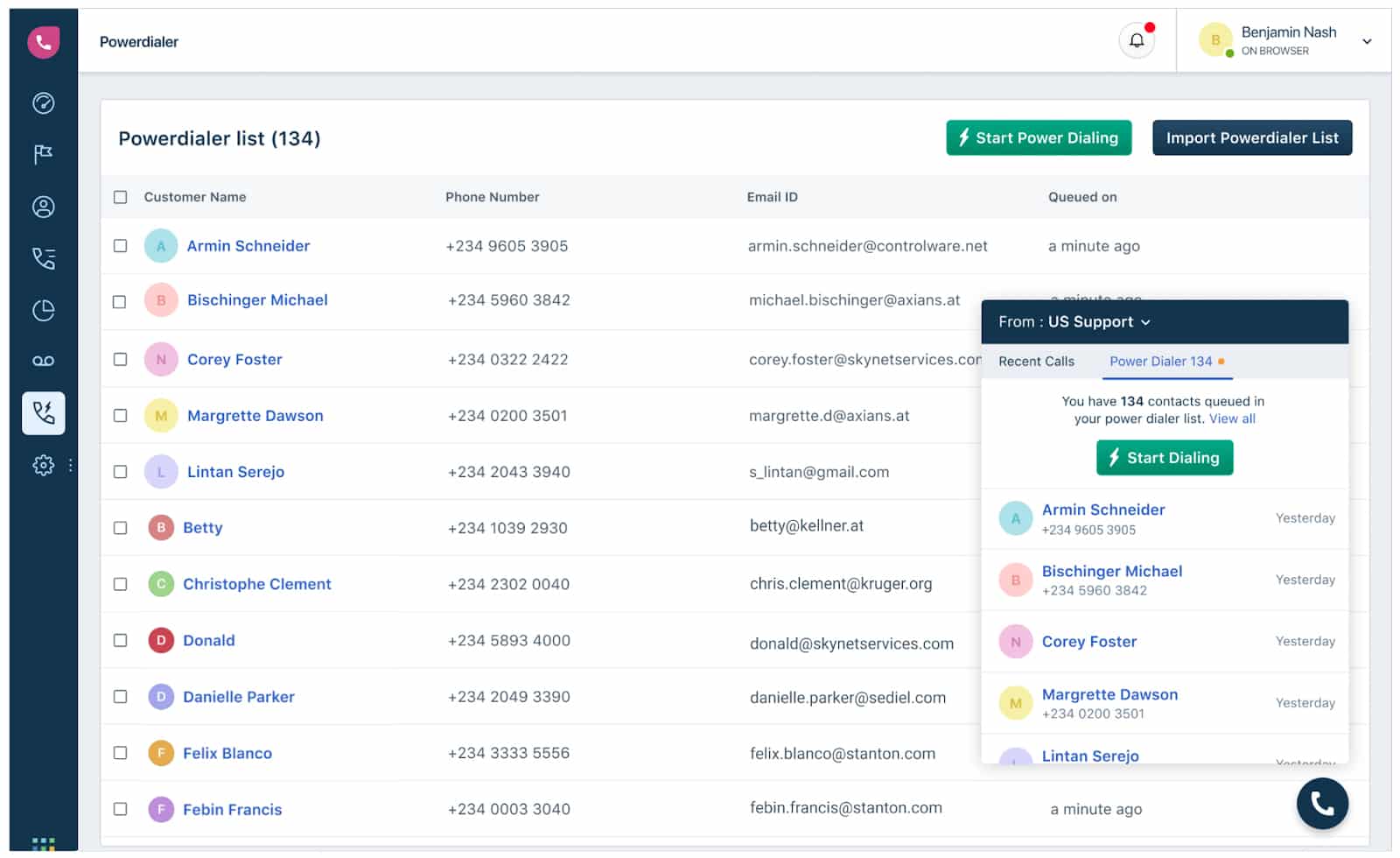 Powerdialer示例列表从Freshdesk与电源拨号按钮。