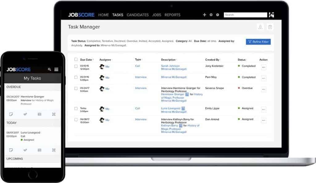 JobScore在计算机和移动视图中的用户界面。