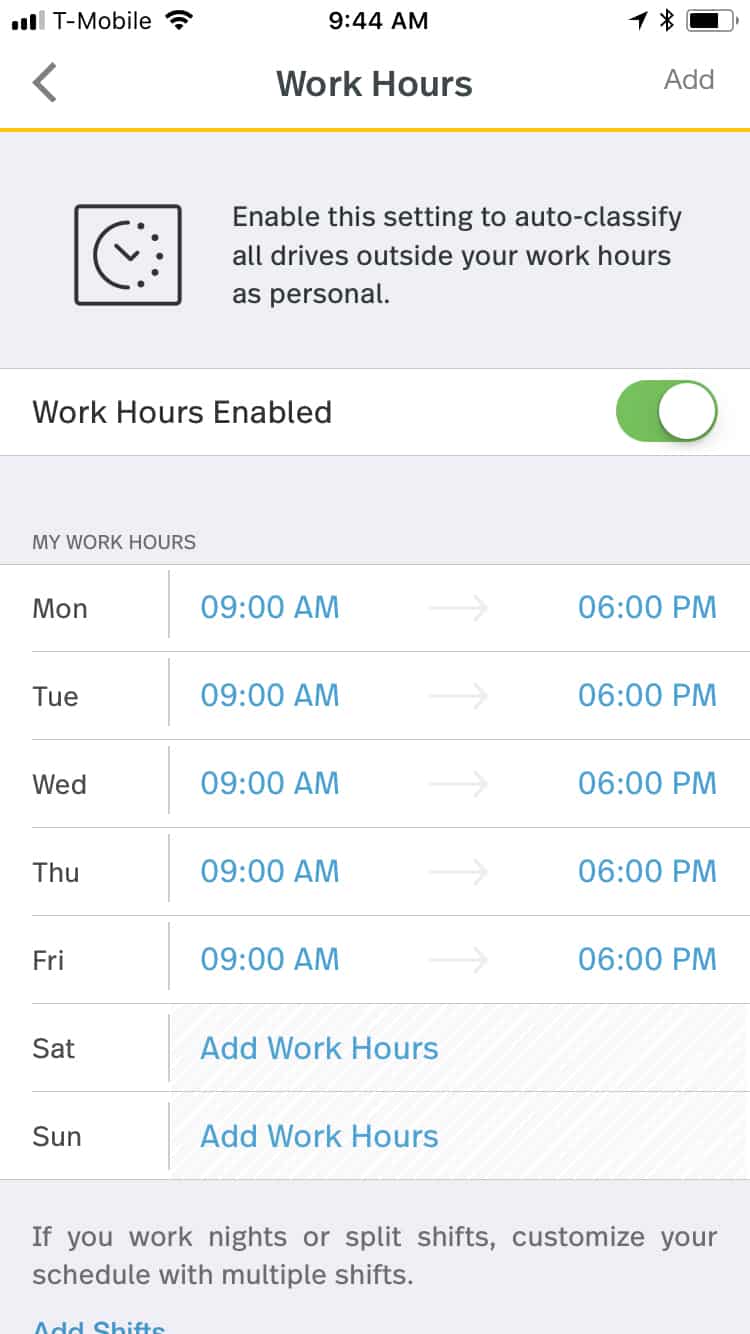 工作时间安排，并从MileIQ移动应用程序启用它。