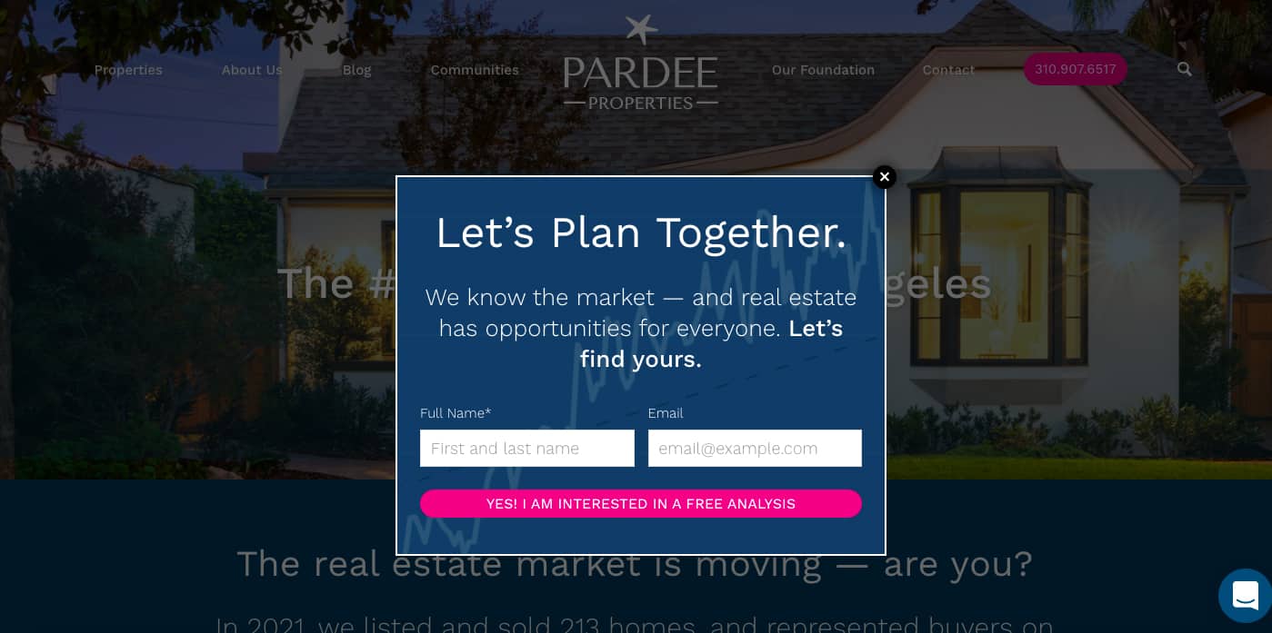 Pardee Properties样本主页与注册表单。