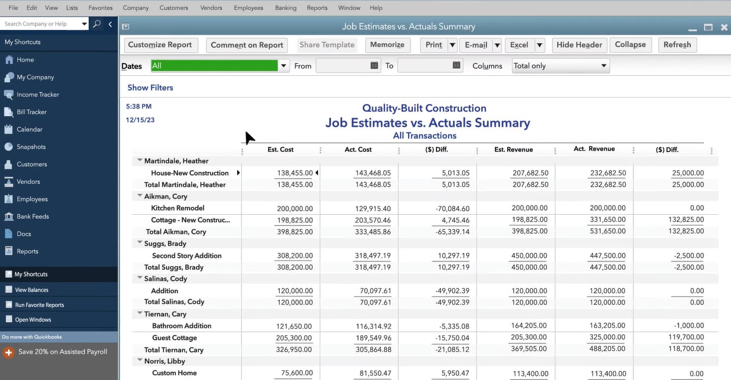 QuickBooks承包商中所有交易的清单，用于工作估算和实际成本报告。
