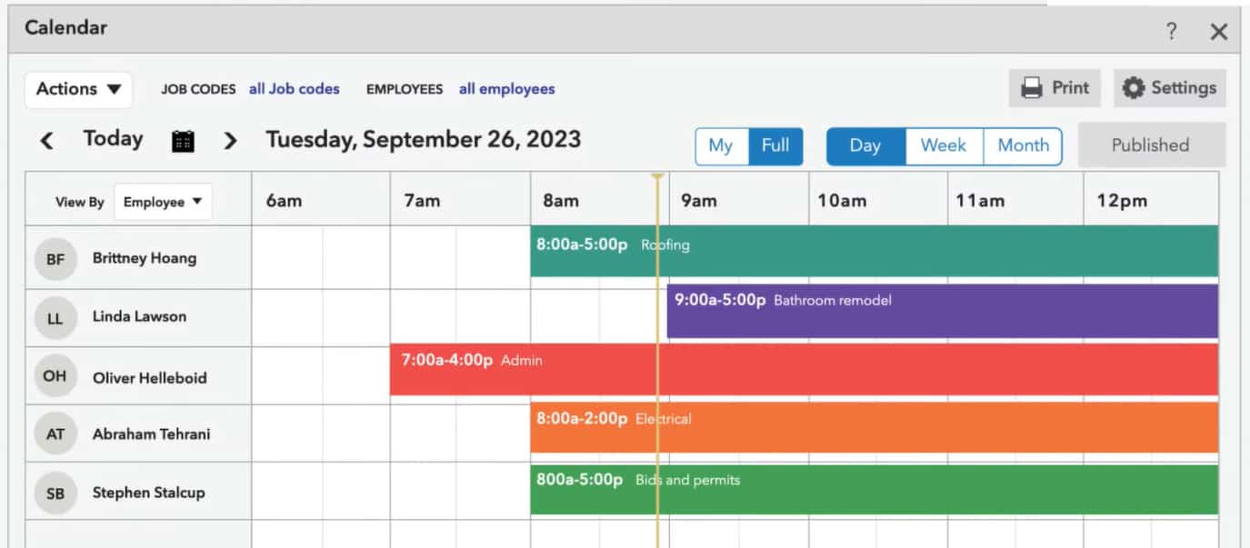 QuickBooks承包商样本日历工时表输入的工作。