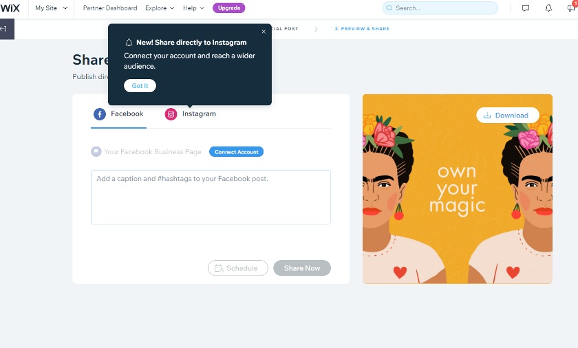 Wix从Wix仪表盘分享帖子到Facebook和Instagram