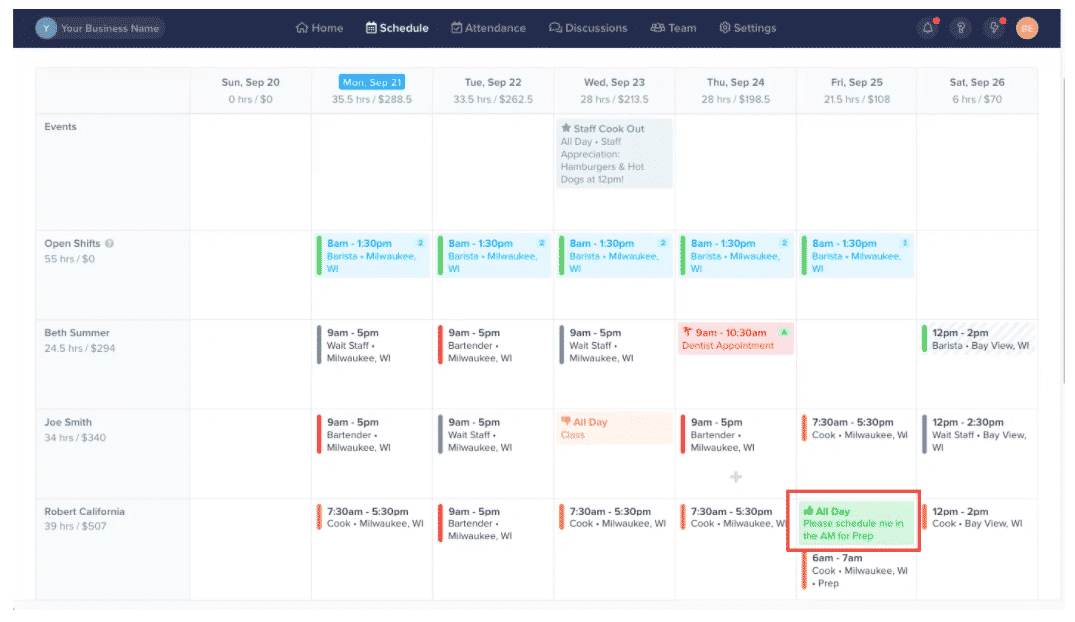 Zoomshift日历包括图形显示可用性和愿意承担轮班。