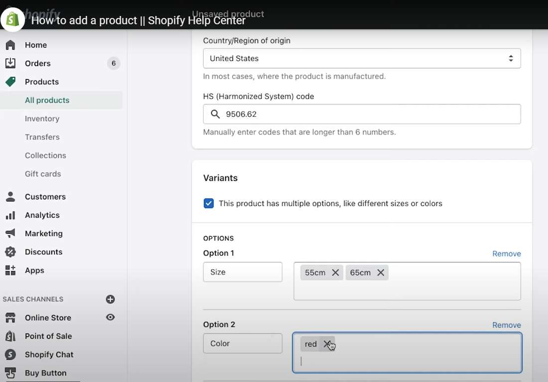 在Shopify中为产品添加多个选项和变体。