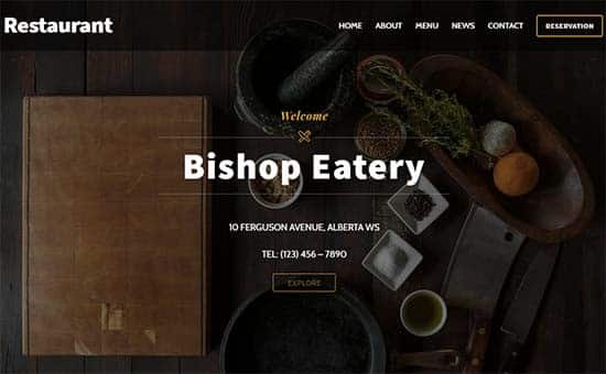 Bluehost网站模板的例子餐厅，主教Eatery hpmepage。
