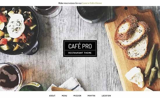 Bluehost网站模板的例子餐厅，Cafe Pro hopmepage。