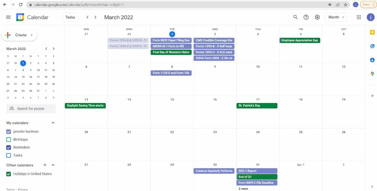 谷歌日历中的人力资源合规日历示例。