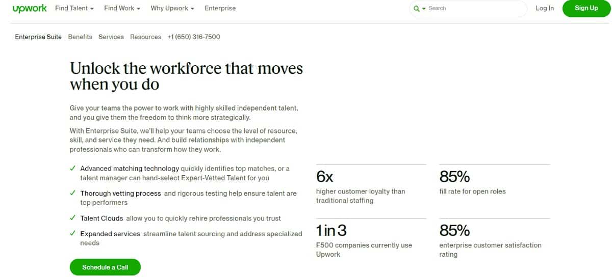 显示Upwork的企业计划统计数据。