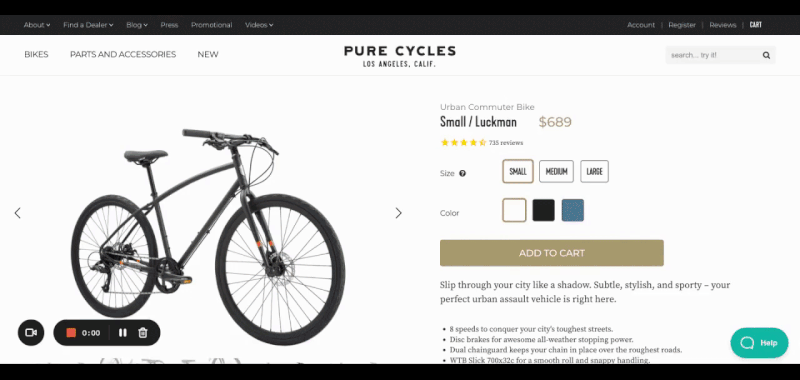 Pure Cycles的自行车产品页面，
