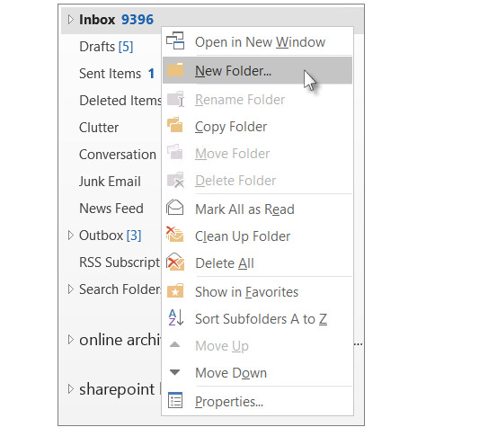 在Microsoft Outlook中添加一个新文件夹