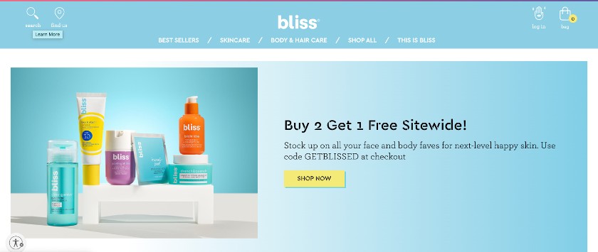 Bliss主页，水疗护肤品牌。