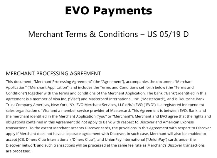 EVO支付商户协议形式预览。