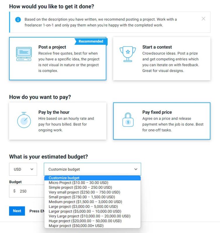 在Freelancer.com上选择如何支付和估计预算。