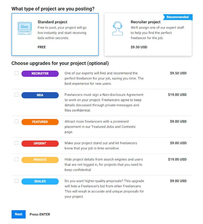 在Freelancer.com中选择项目升级。