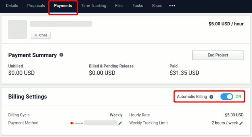 禁用自动计费结束每小时项目Freelancer.com。