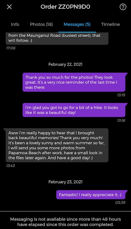与摄影师Freelancer.com的对话示例。