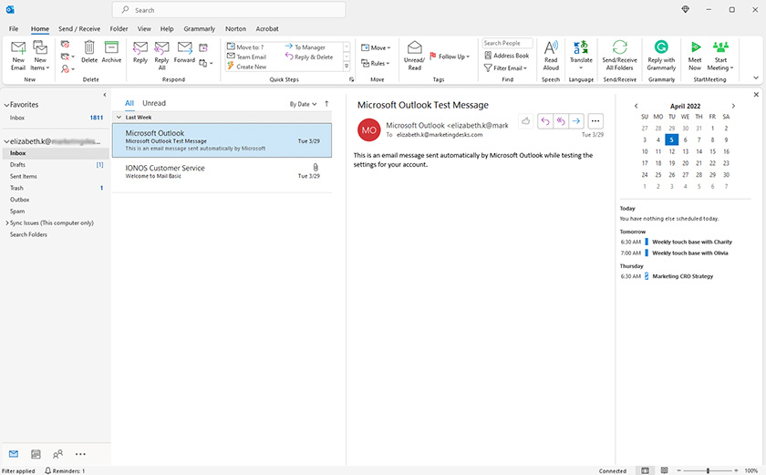 成功添加IMAP后的Microsoft Outlook测试消息