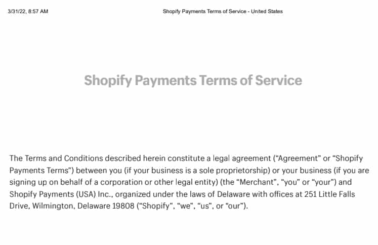 Shopify支付服务条款预览。
